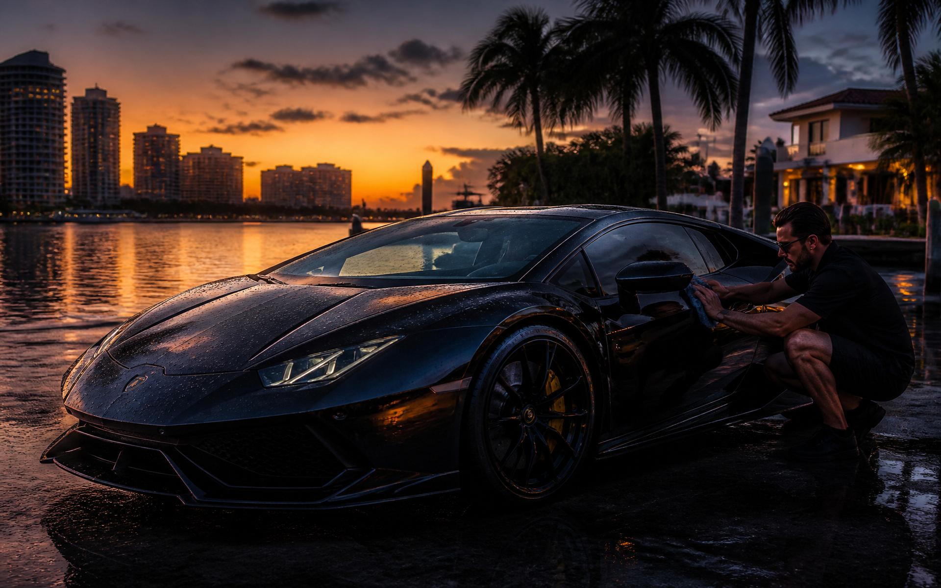 Luxury sports car being detailed at sunset in South Florida